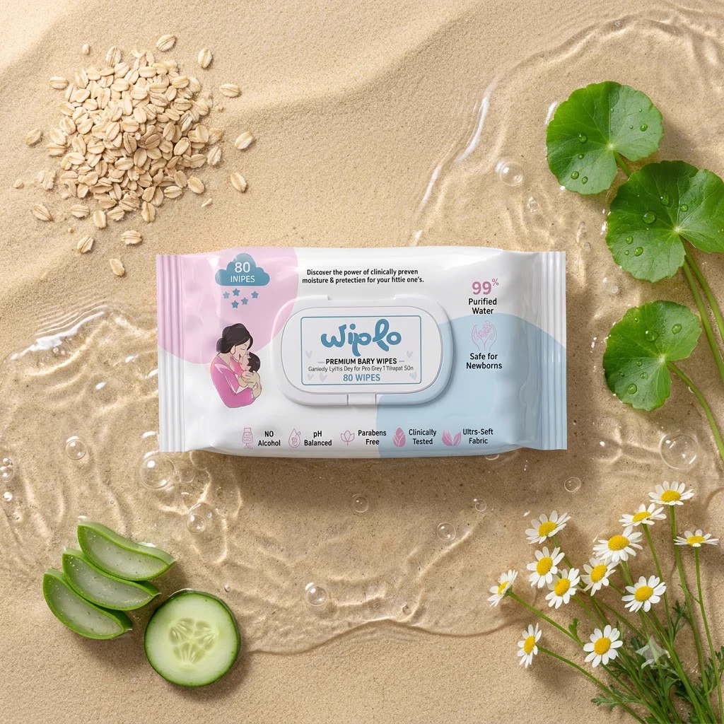 Wiplo wipes displayed on sand with green leaves